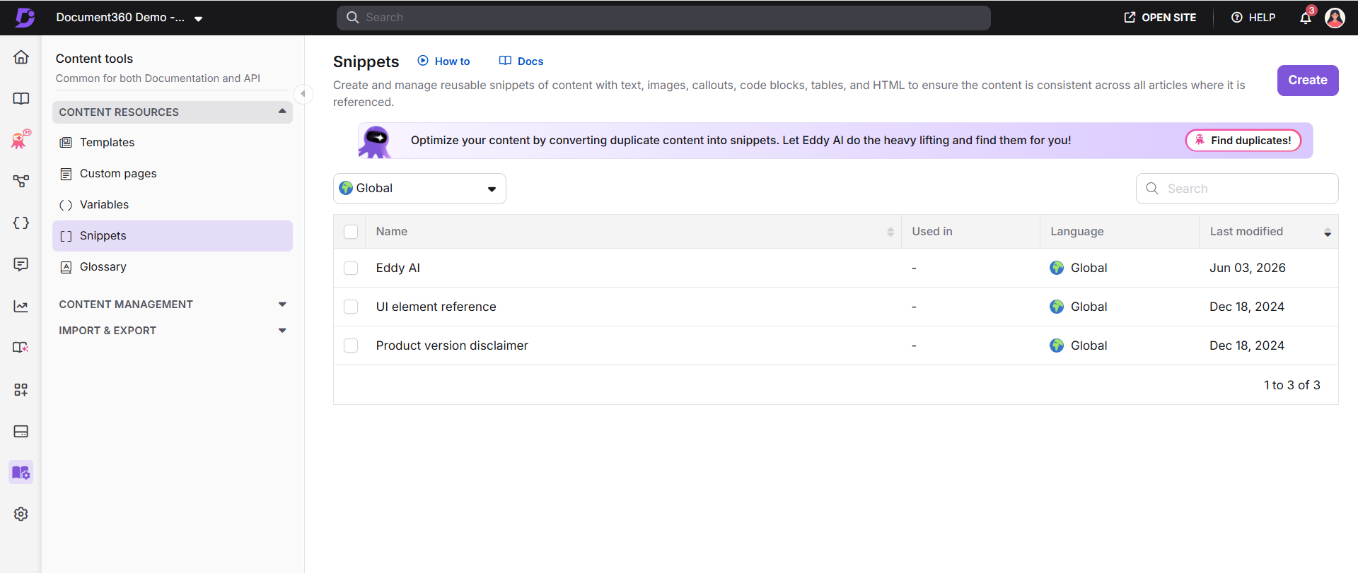 Snippets page showing the list of snippets with management options