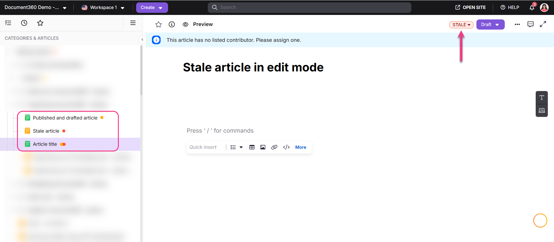 Category tree showing articles with published, stale, and editing status indicators