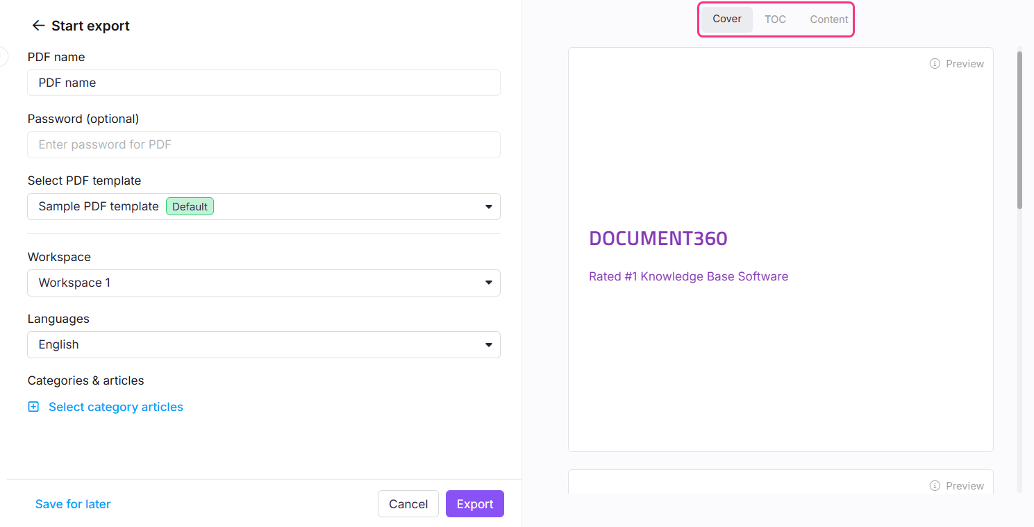 Start export page showing name, password, template selection, workspace, and language fields with template preview