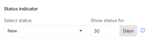 Status indicator options showing New, Updated, Custom, and None with duration selection