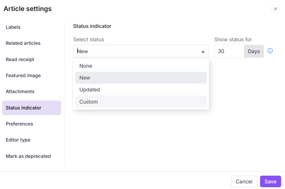 Status indicator tab in the Article settings panel showing status dropdown and duration field