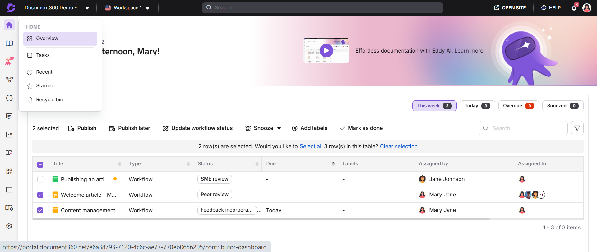 Tasks page showing selected articles and the Update workflow status button in the toolbar