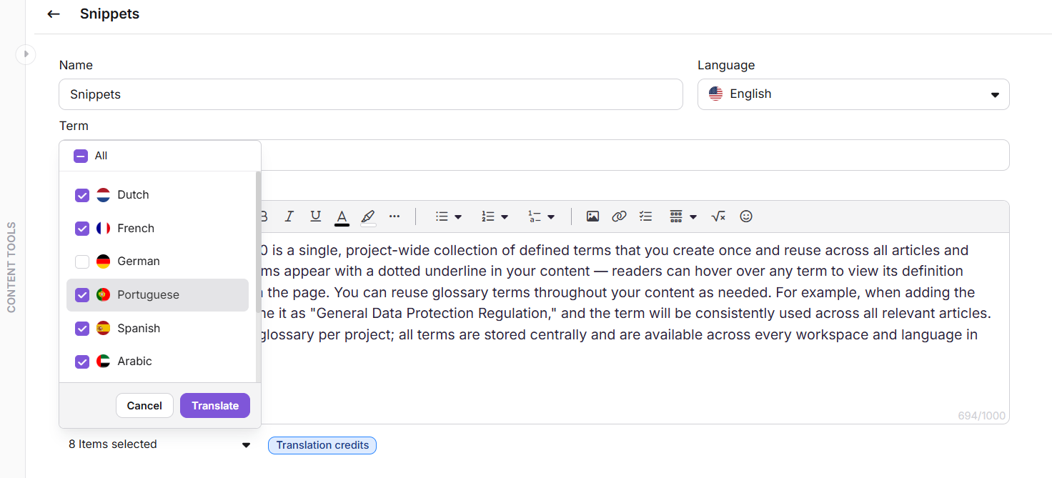 Glossary term translation panel showing language tabs and translation status