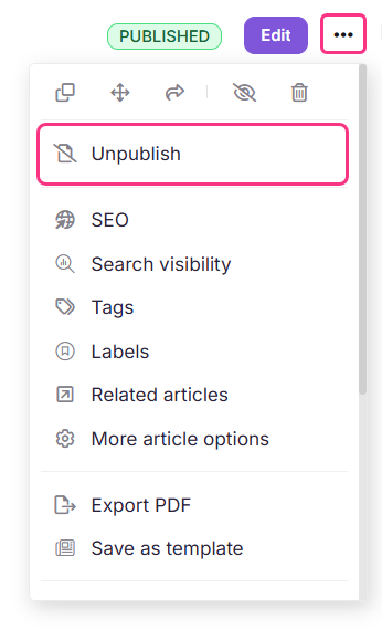 Unpublish option in the More menu of the article editor