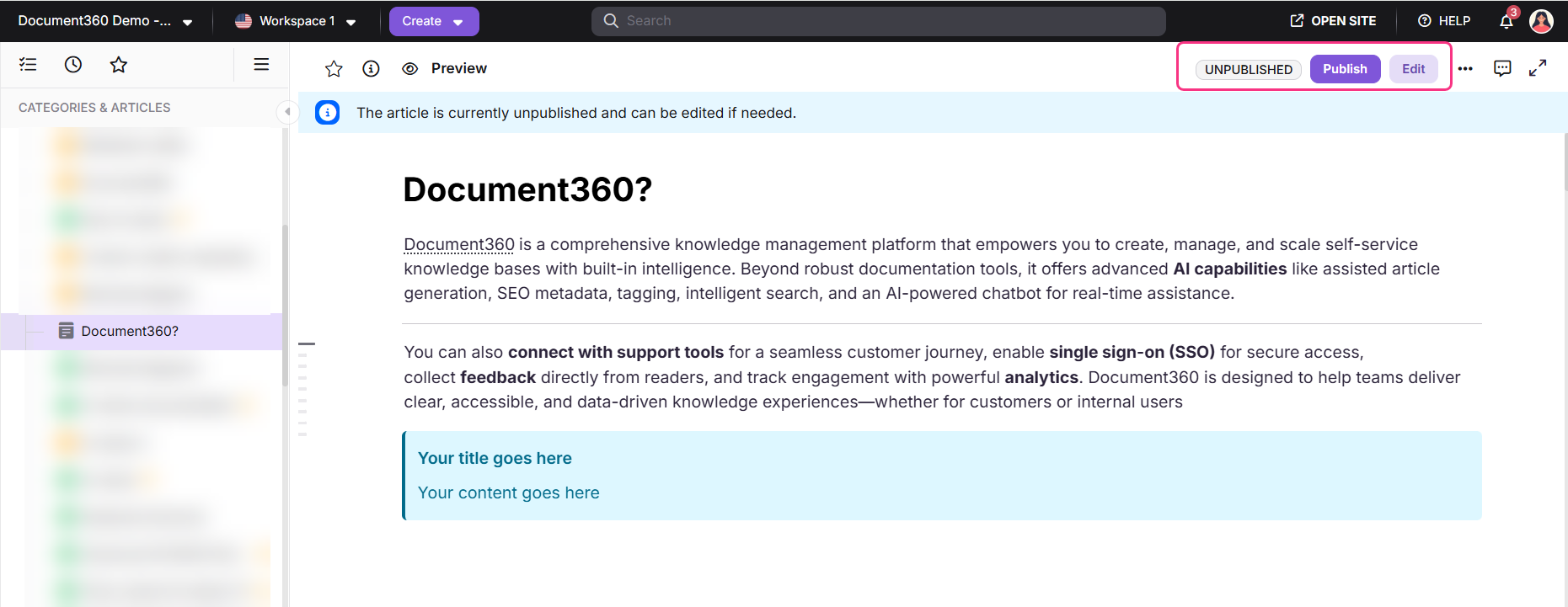 Article editor showing an unpublished article with the unpublished status banner