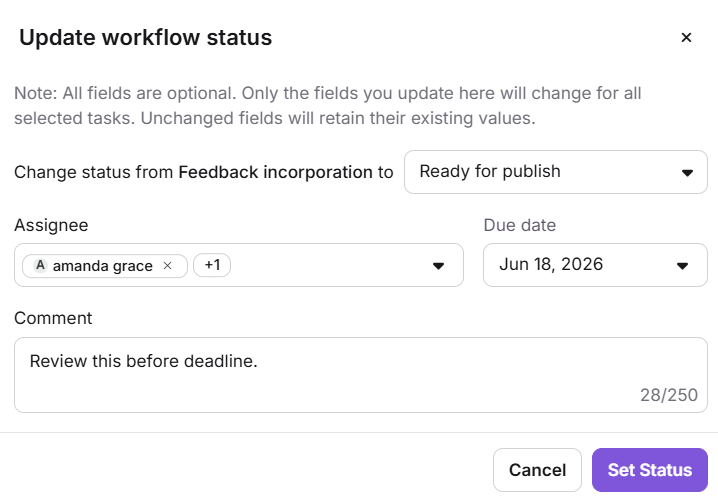 Workflow dialog showing status selection, assignee, due date, and comment fields