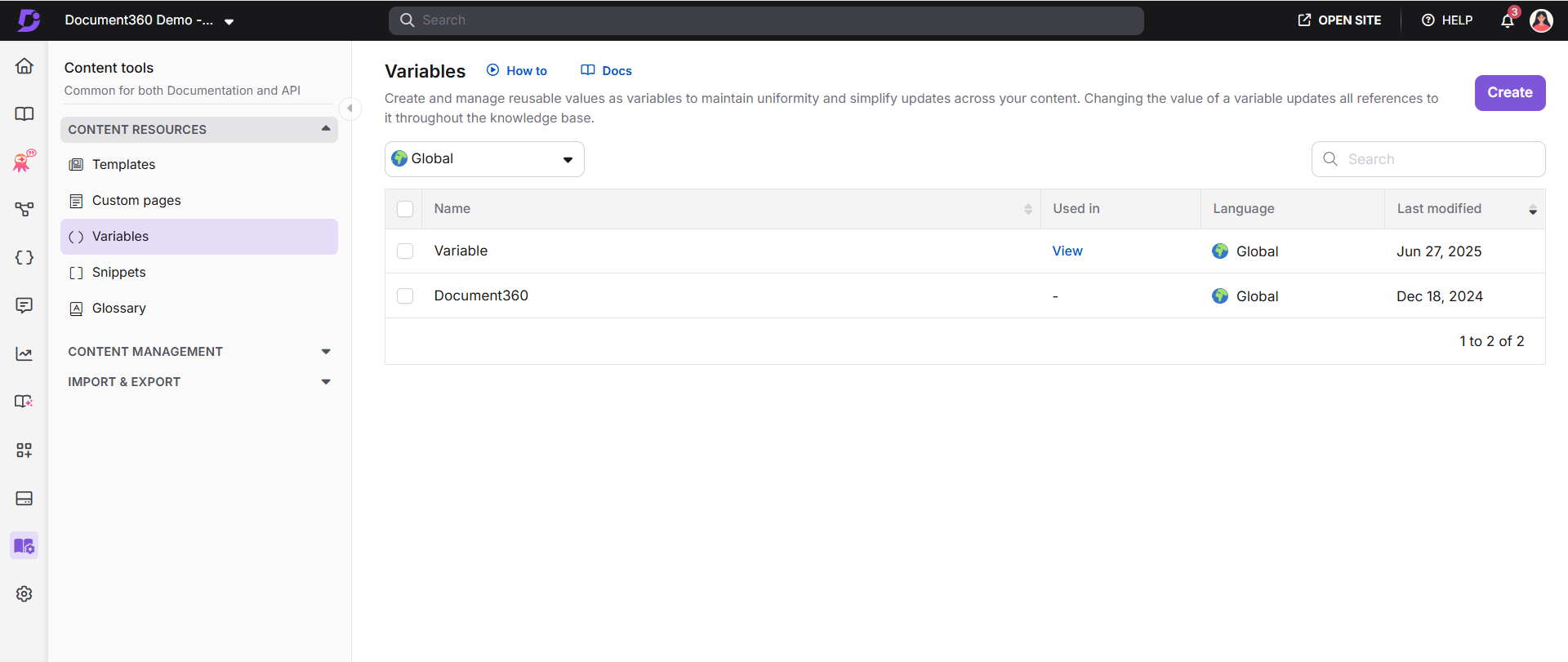 Variables page showing the list of variables with management options