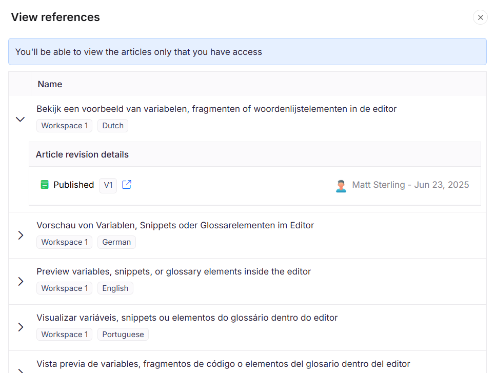 View references panel showing articles and category pages where a variable is used