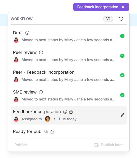 Workflow status button showing draft, peer review, and SME review stages in the article editor