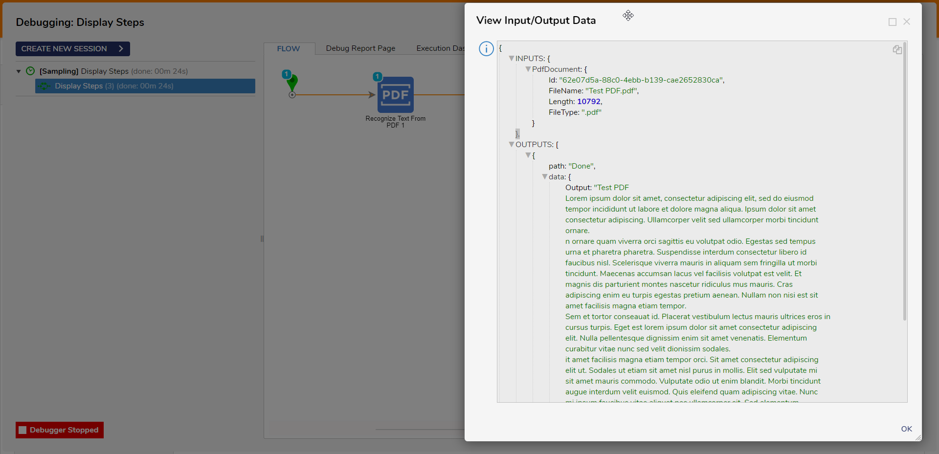 Debugger showing Inputs and Outputs on the Recognize Text from PDF step.