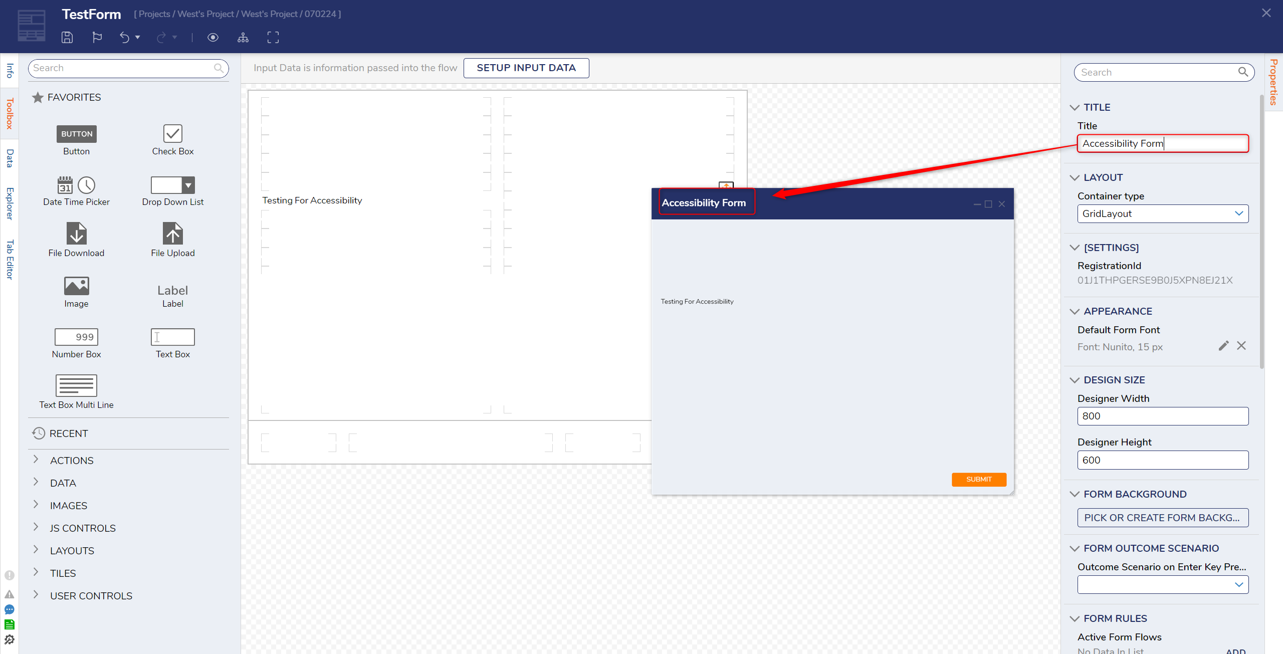 Add a value for the Title property under Form Properties > Title in the Form Designer.