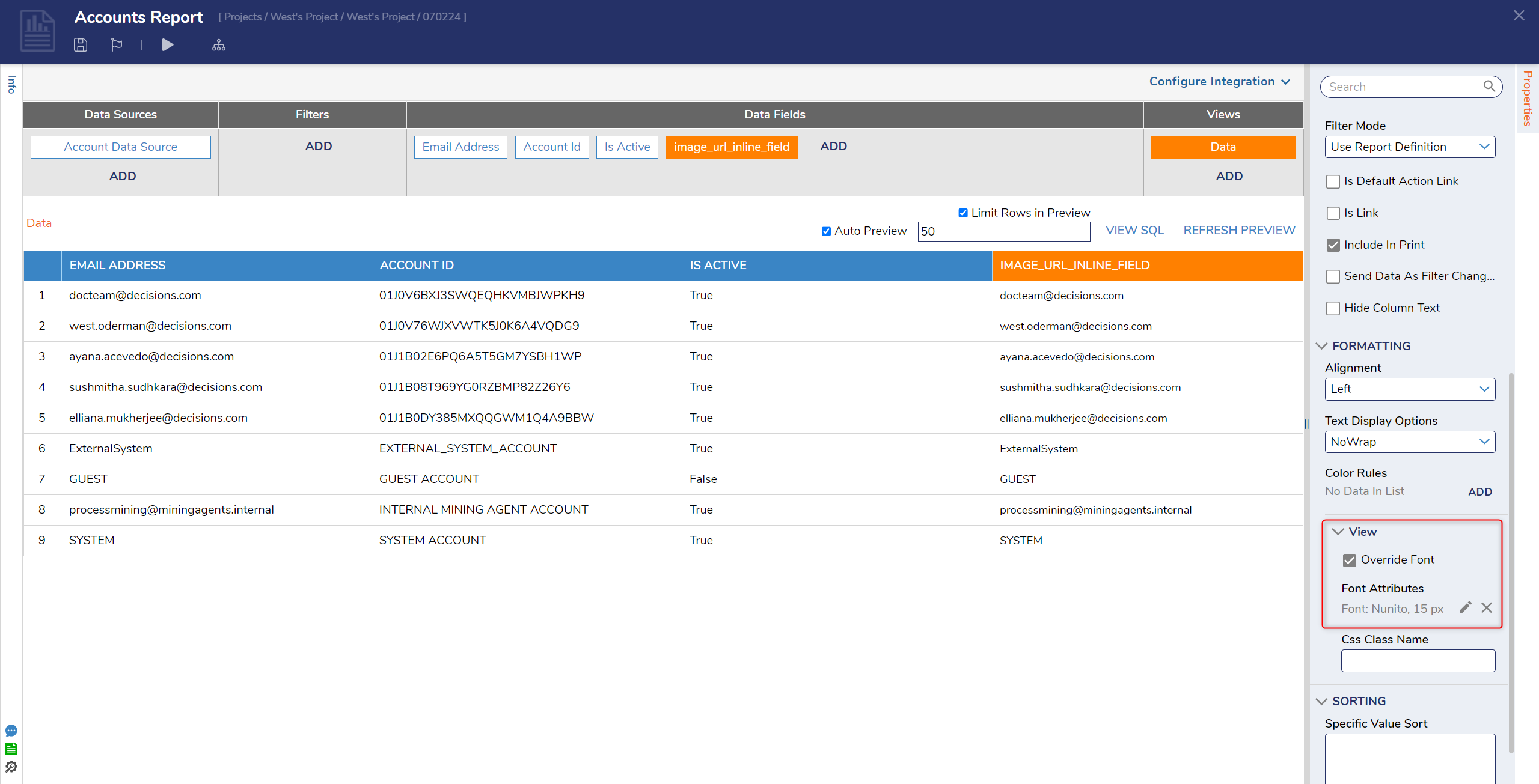 Change the font color of the data within the columns by navigating to Formatting > View > Override Font.