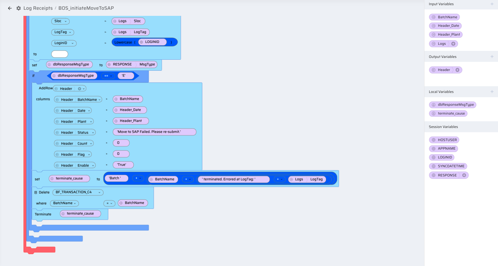 52 BOS 1-3 BOS_initiateMoveToSAP - If post failed, update Batch Status (with the batch table as Output variable) and terminate the BOS