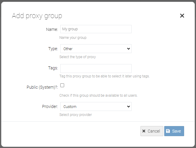 Add proxy group dialog
