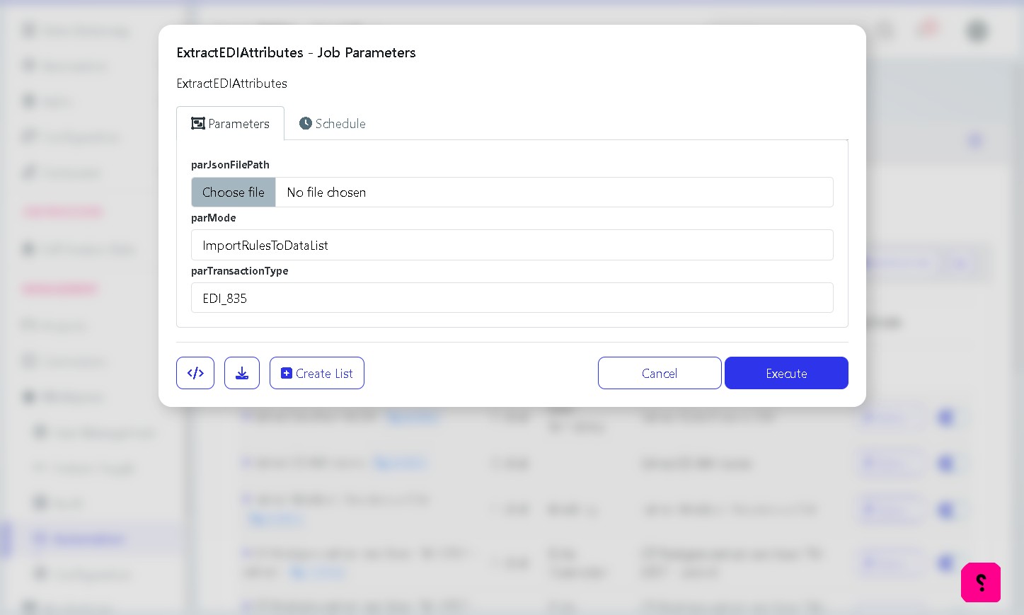 Click the "parJsonFilePath" field and enter in file for the JSON file you wish to extract the data.  This JSON file contains the information for the EDI file regarding the following information: -  - Algorithm reference/name - position - segment ID e.g. N3 - loop qualifier e.g. QC - loop segment ID e.g. NM1