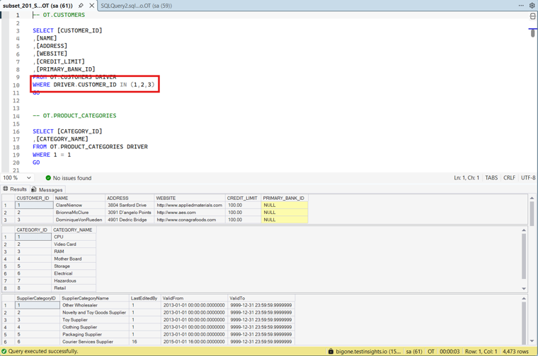 Screenshot of a SQL editor window with a SELECT query visible; a WHERE clause WHERE DRIVER.CUSTOMER_ID IN (1,2,3) is highlighted in red, and a results grid with customer rows is shown below the query.