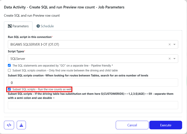 Screenshot of a dialog titled Data Activity - Create SQL and run Preview row count - Job Parameters showing the Parameters tab with fields like Run SQL script in this connection and Script Types, checkboxes including Subset SQL scripts - Run the row counts as well (highlighted with a red box), and action buttons Cancel and Execute