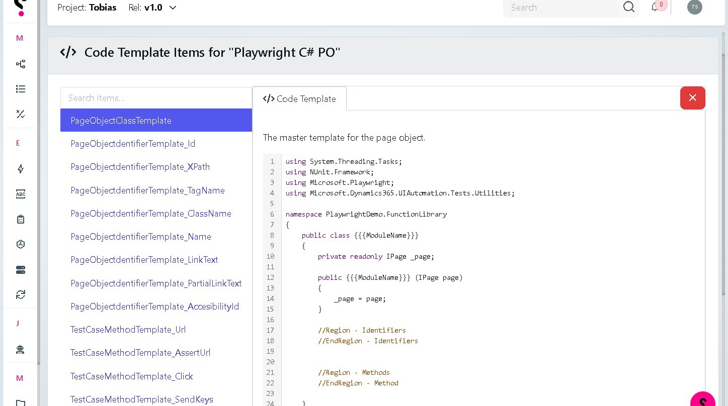 Screenshot of the Curiosity UI showing Code Template Items for 'Playwright C# PO'. Left column lists template identifiers (e.g., PageObjectClassTemplate) with a purple selected item. Right pane shows a code editor with C# PageObject class template code and line numbers. The interface has a top toolbar and a vertical left navigation bar with icons.