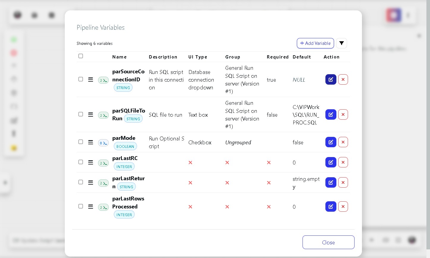 Click here to edit the default value of parSourceConnectionID, this will then negate the need to keep having to select the DB connection you are executing the script in. Keep it null if you want to select the DB connection each run