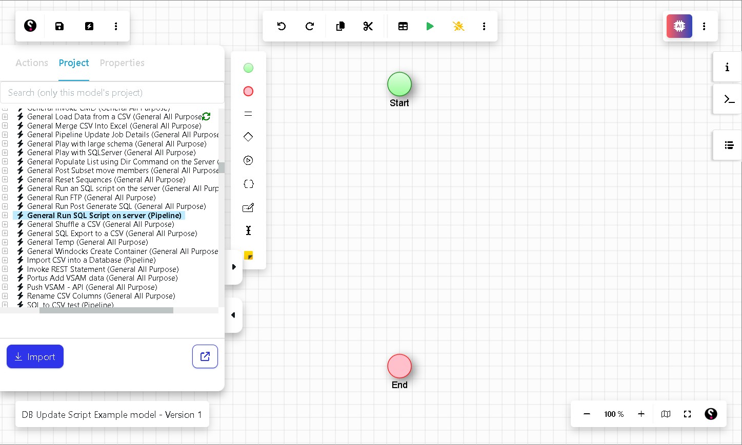 Click "General Run SQL Script on server (Pipeline)" and drag onto the canvas, this General activity allows you to execute SQL scripts that sit on your VIP server
