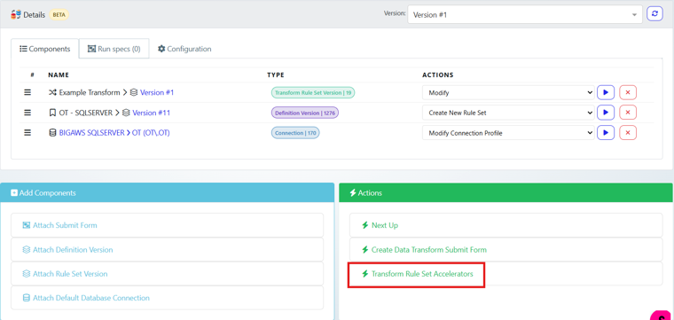 Screenshot of an application Details screen showing a components list on the left and an Actions panel on the right. The Actions panel highlights Transform Rule Set Accelerators with a red outline; top bar shows Version # and there are list rows with icons and action buttons.