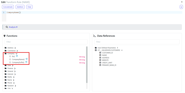 Rule editor screenshot showing the Functions panel on the left with items like CompanyName() highlighted in a red box, and the Data References panel on the right.