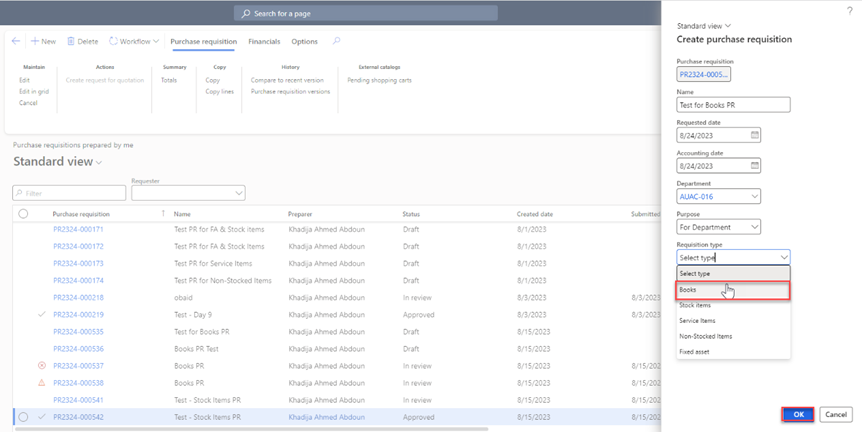 Create Books purchase Requisitions