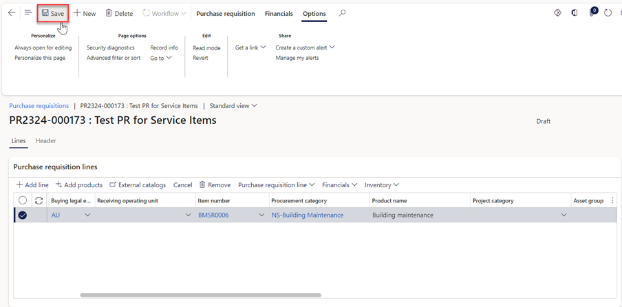 Create Service Items purchase Requisitions