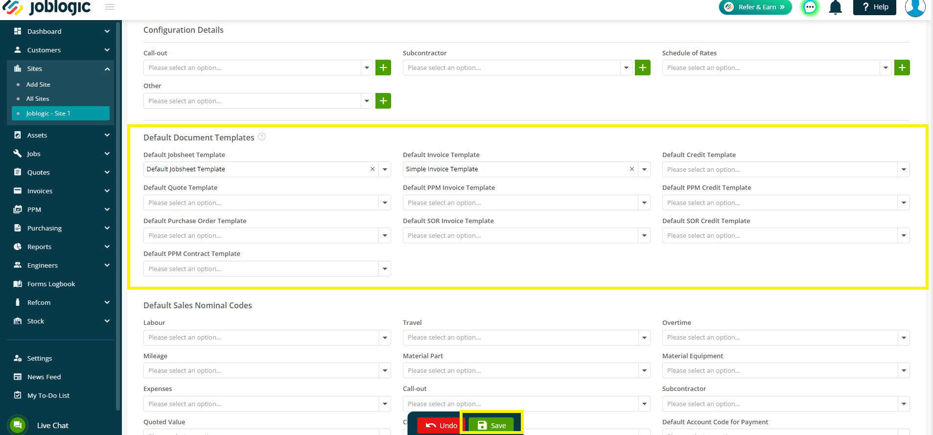 Assigning Default Document Templates to Sites