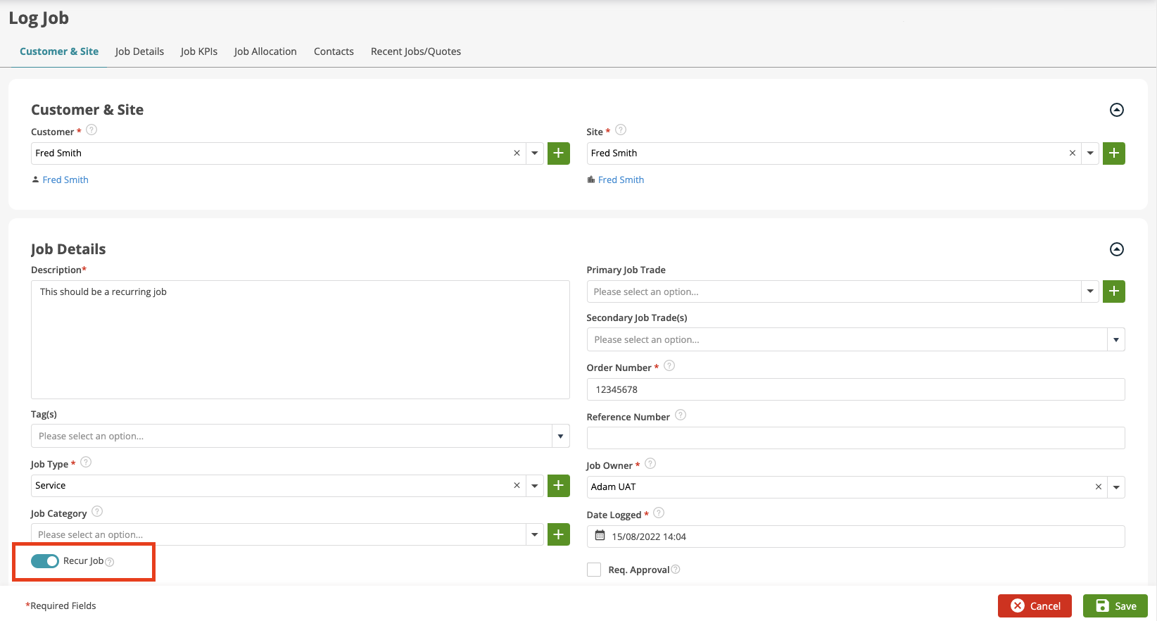Logging a Recurring Job