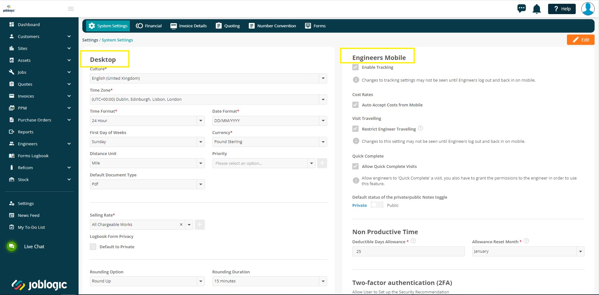 System Settings - User Guide | Support | Joblogic®
