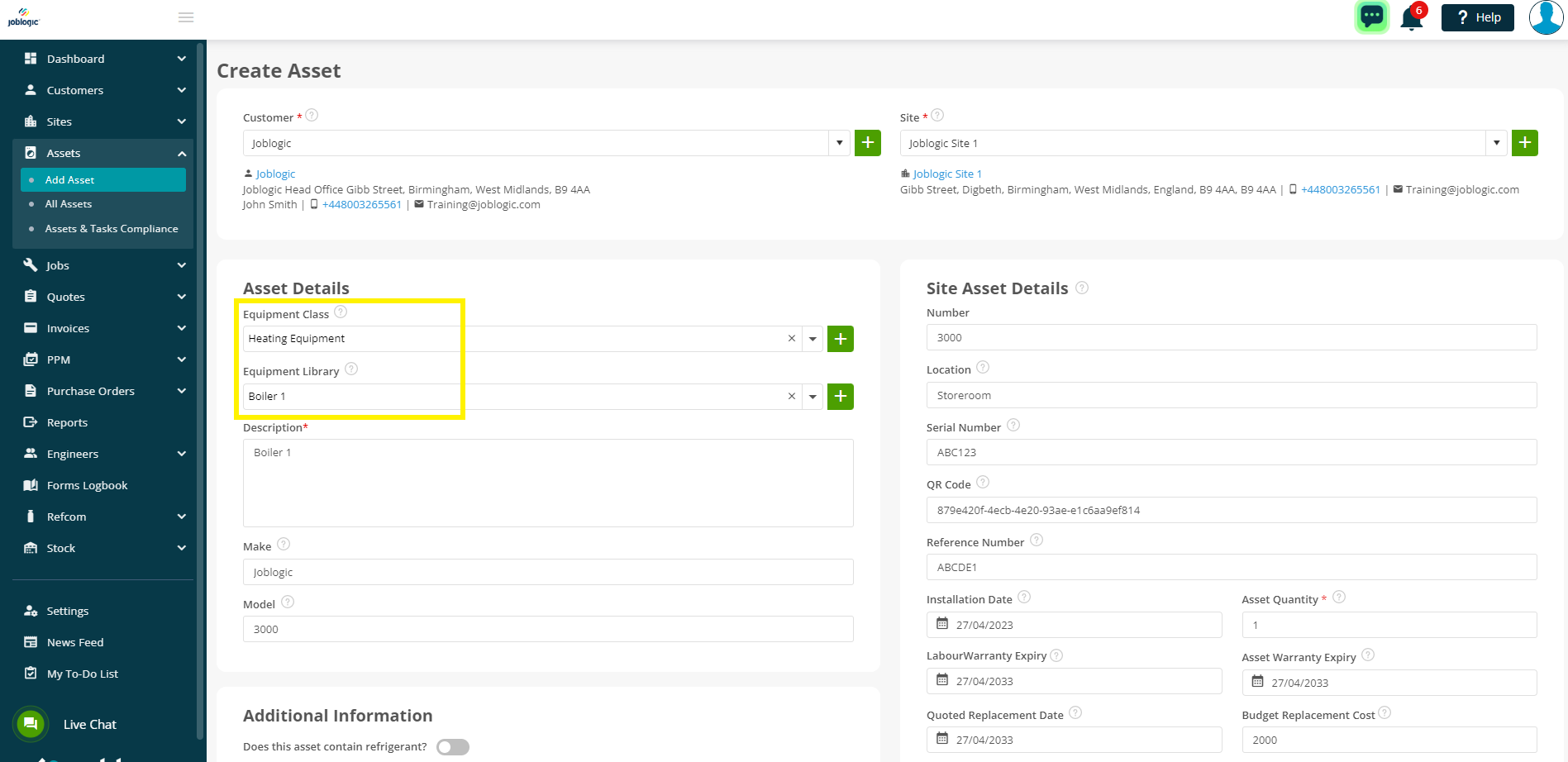 Adding an Asset Individually - User Guide | Support | Joblogic®