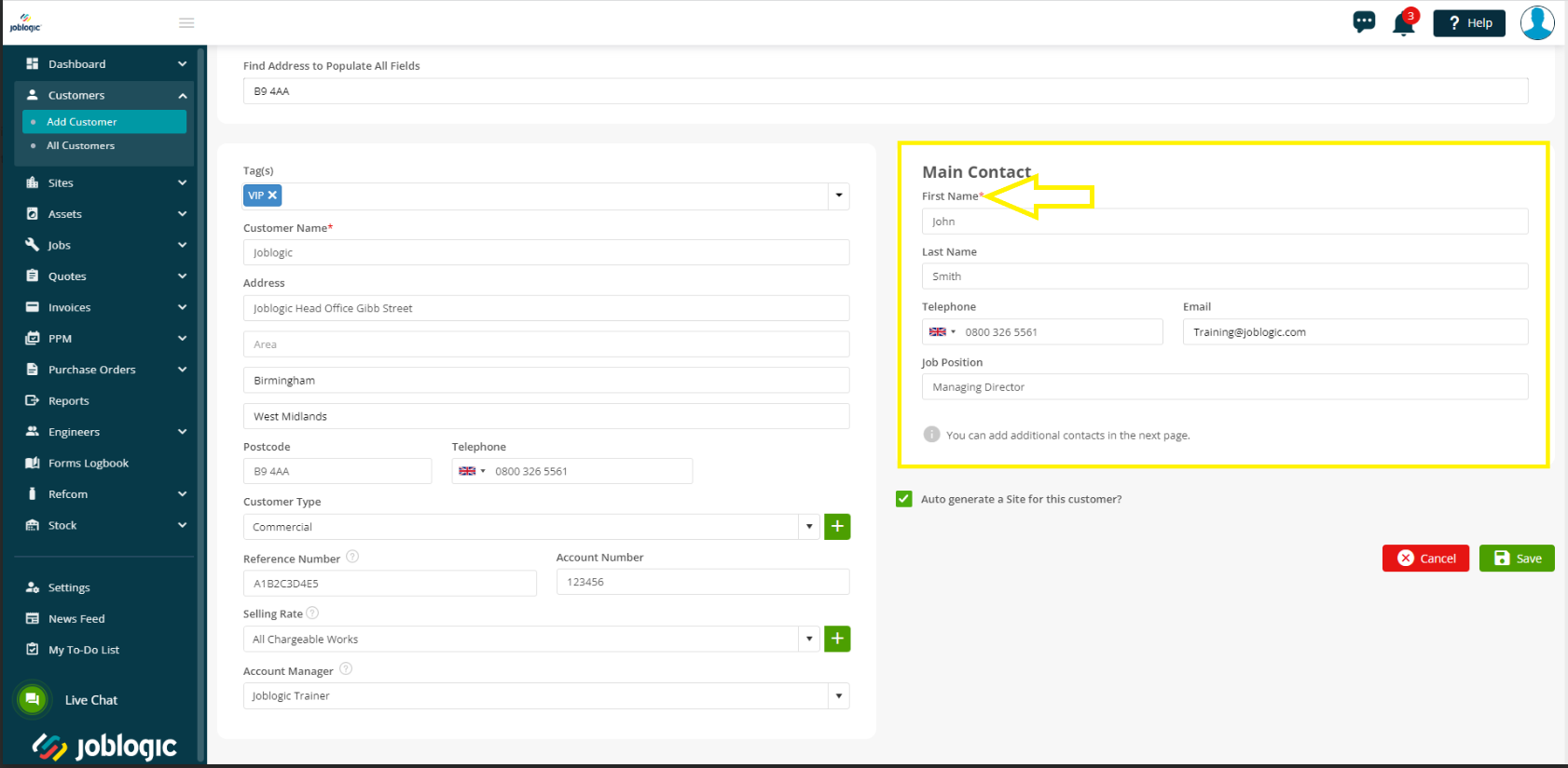 Adding a Customer Individually - User Guide | Support | Joblogic®
