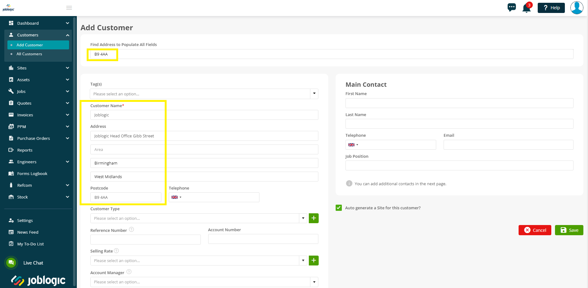 Adding a Customer Individually - User Guide | Support | Joblogic®