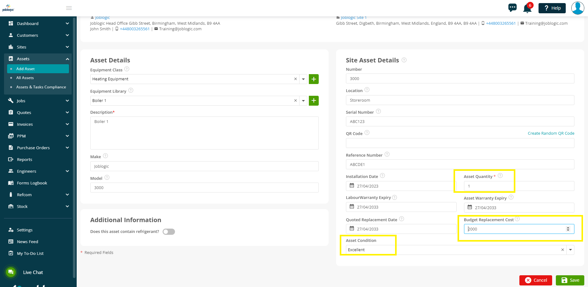Adding an Asset Individually - User Guide | Support | Joblogic®