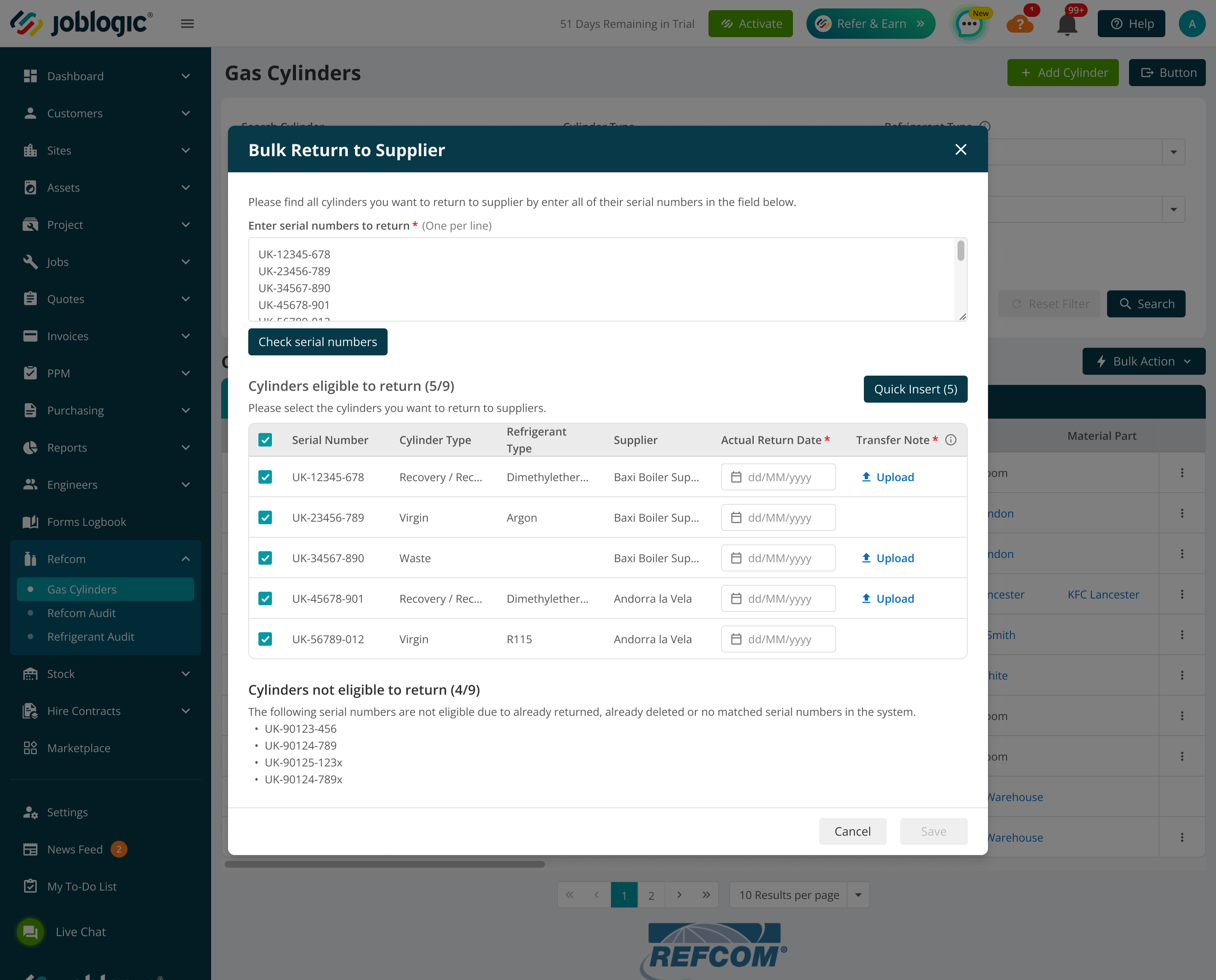 Bulk Return to Supplier validation results showing eligible and not eligible cylinders.