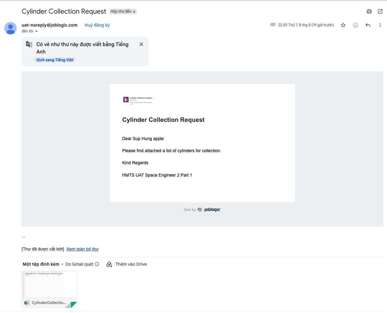 Supplier Cylinder Collection email with the automatically generated XLSX file attached.