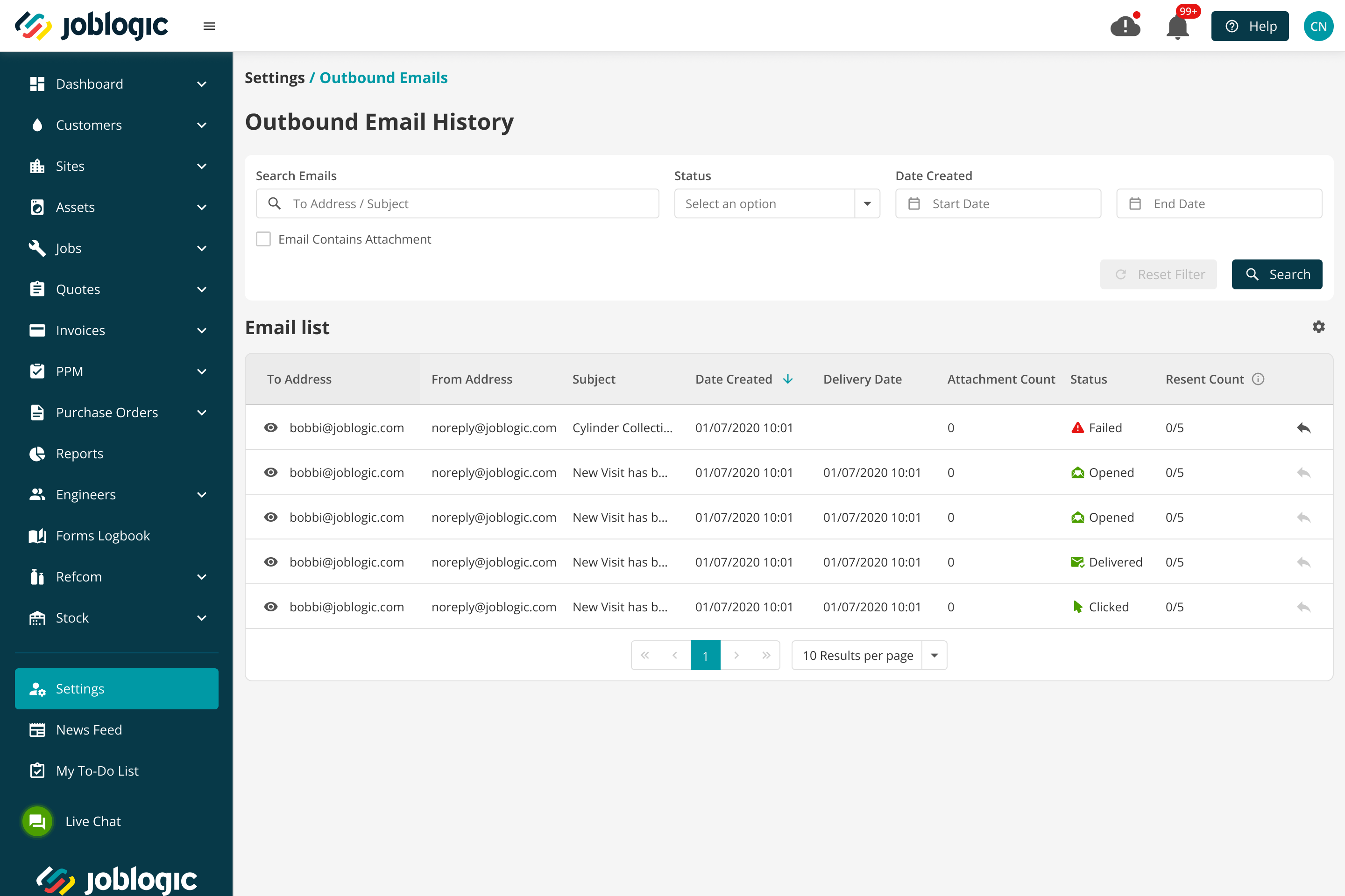 Outbound Email History showing a failed cylinder collection email and other delivery statuses.