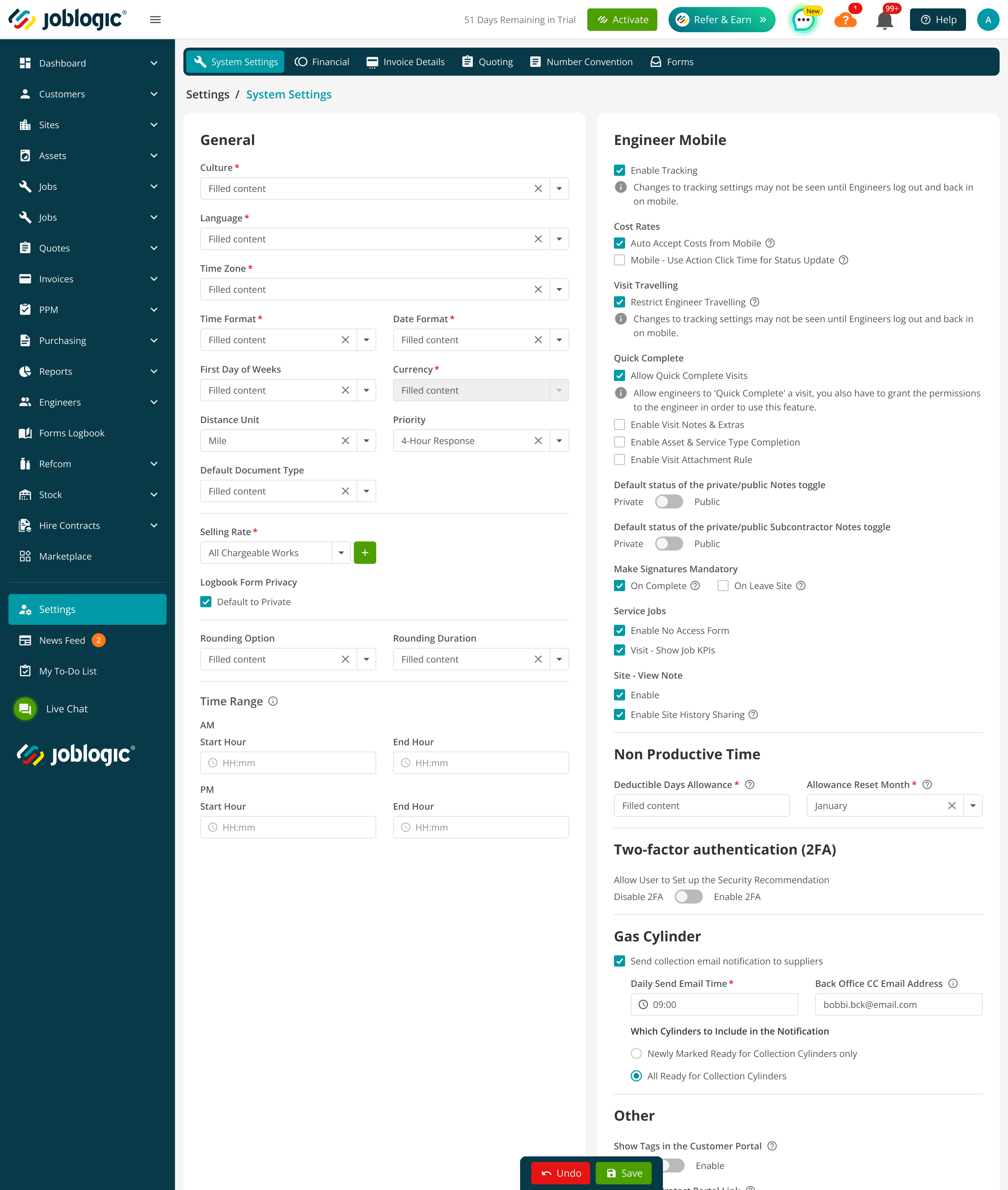 System Settings Gas Cylinder section with supplier email scheduling, CC and cylinder inclusion options configured.