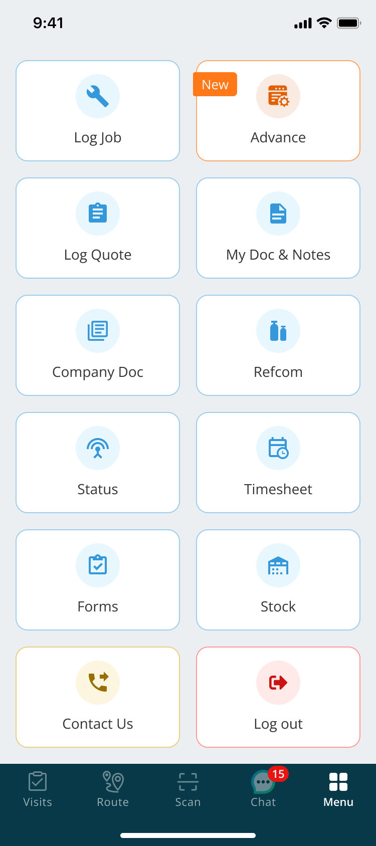 Joblogic Mobile menu showing the Refcom option.