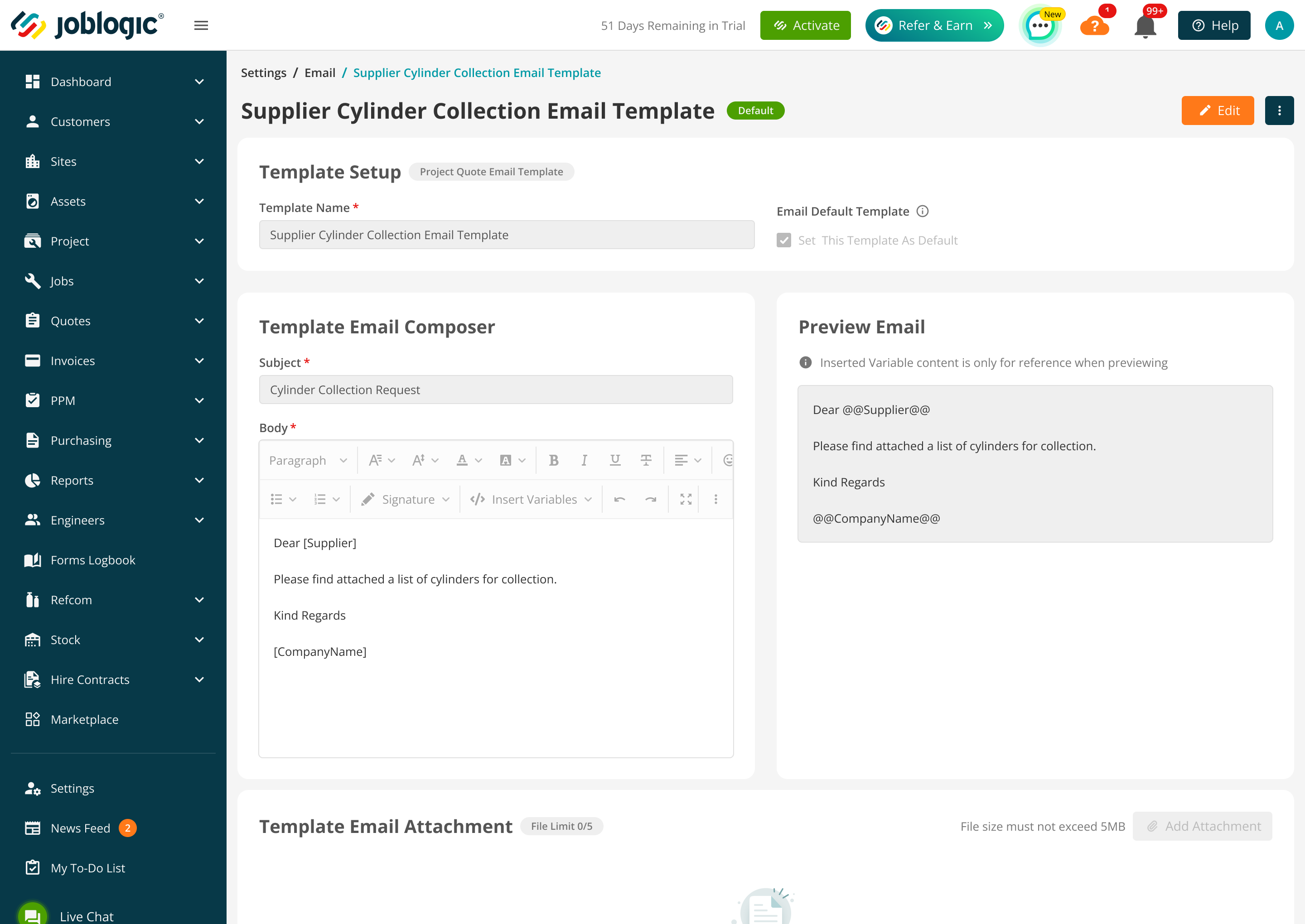 Supplier Cylinder Collection Email Template showing the subject, email composer and preview.