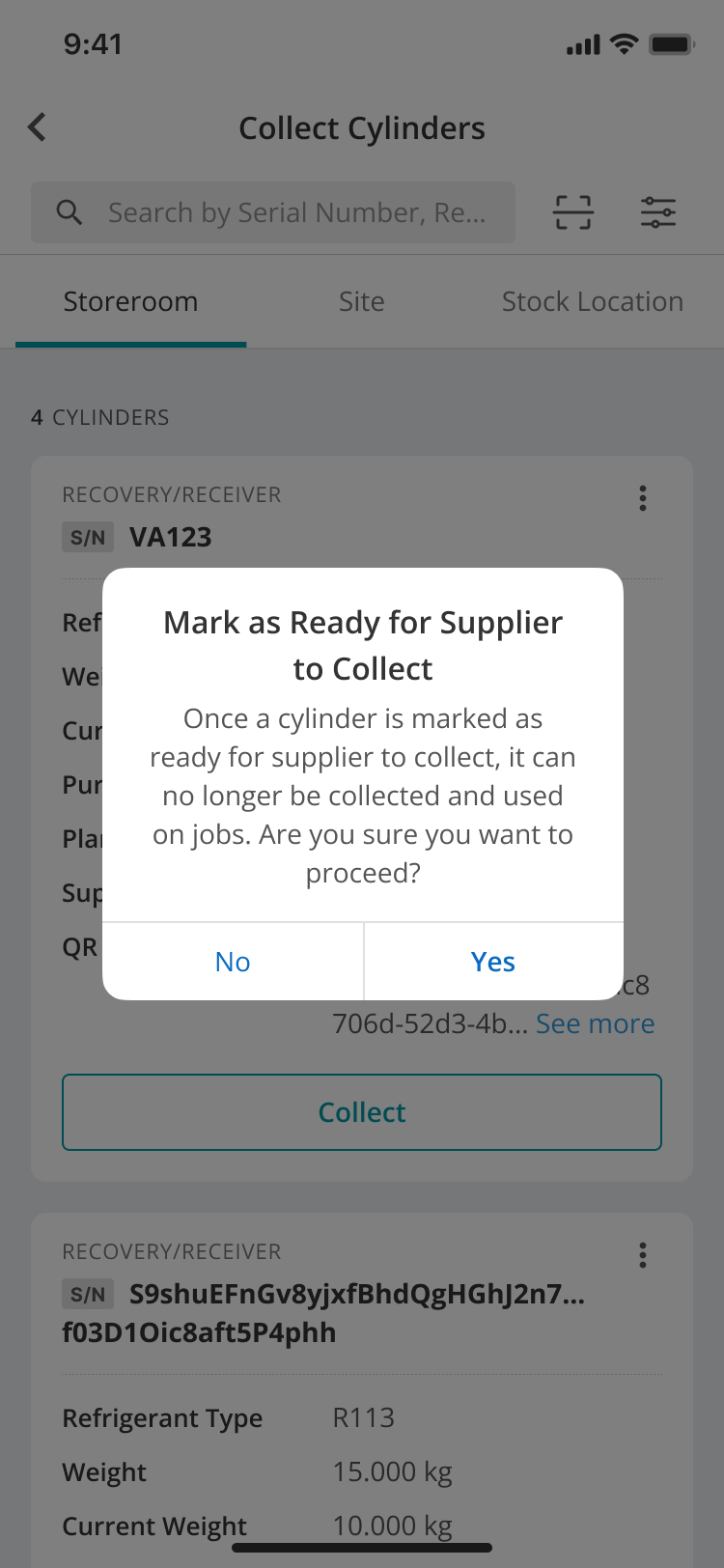 Mobile confirmation warning before a cylinder is marked ready for supplier collection.