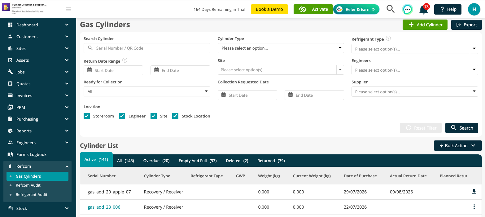Gas Cylinders listing with the Export button in the upper-right corner.