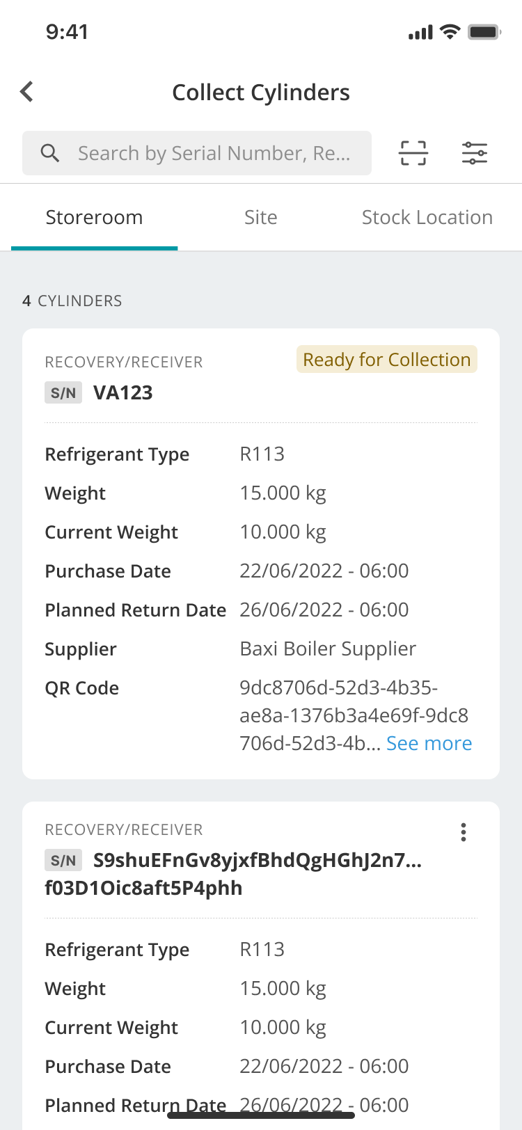 Mobile cylinder card displaying the Ready for Collection badge.