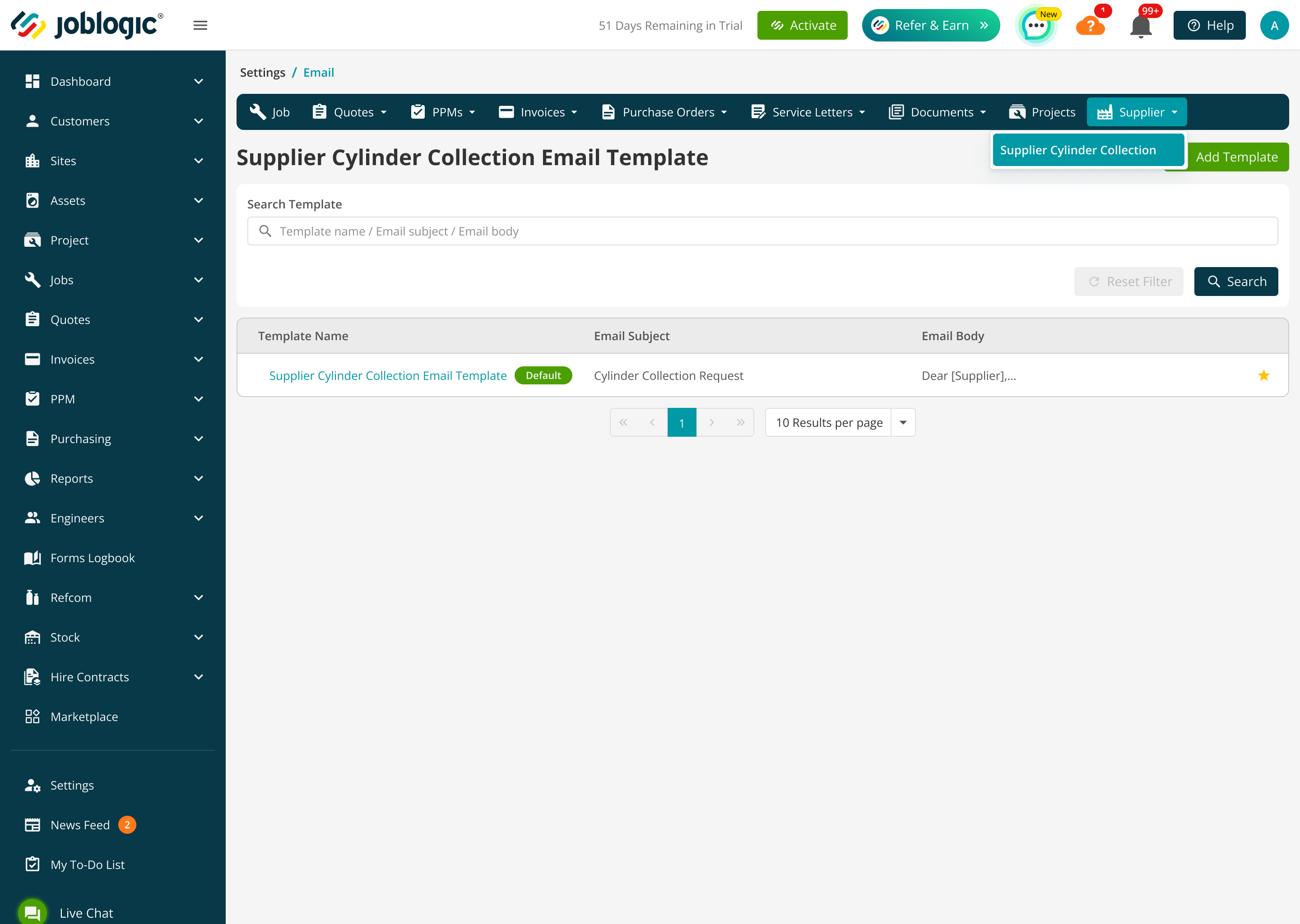 Settings Email page showing Supplier Cylinder Collection in the Supplier menu.