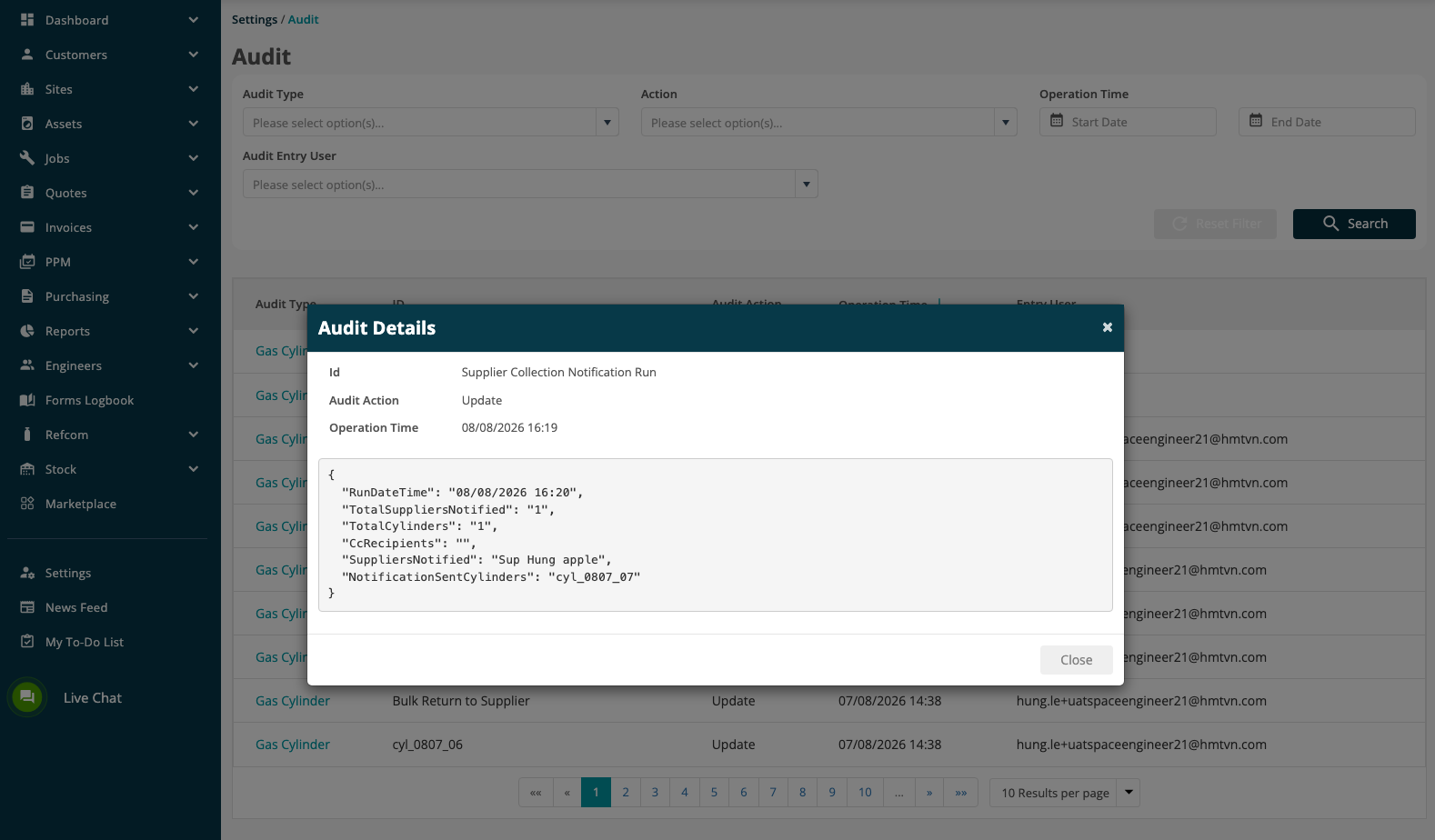 Audit Details for a Supplier Collection Notification Run.