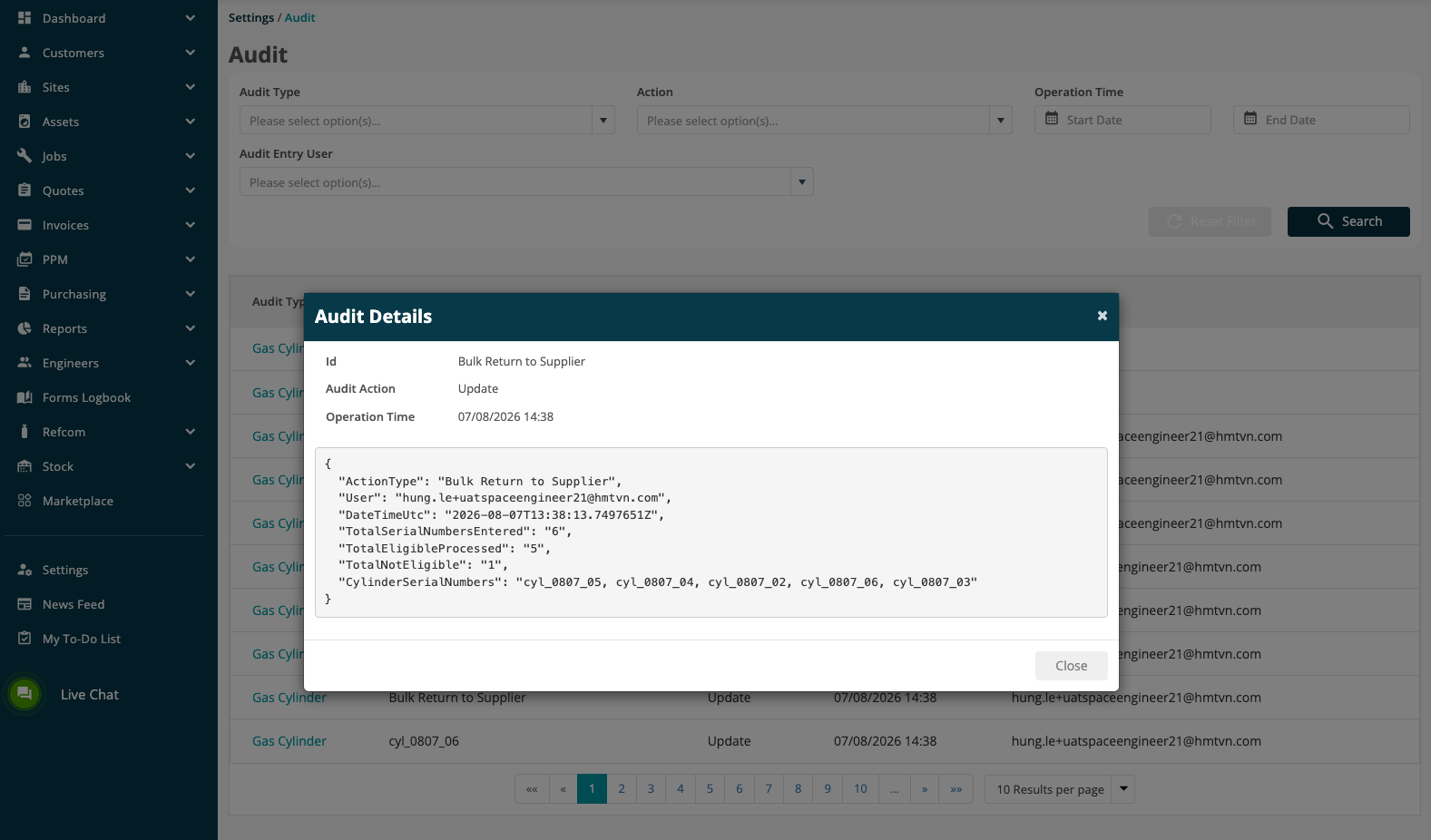 Audit Details for a Bulk Return to Supplier action.