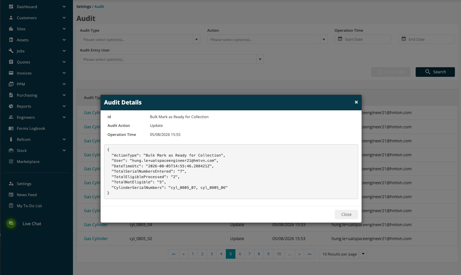 Audit Details for a Bulk Mark as Ready for Collection action.