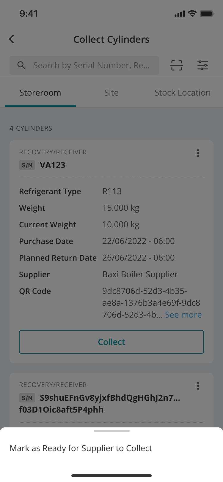 Mobile Collect Cylinders screen with Mark as Ready for Supplier to Collect in the action menu.