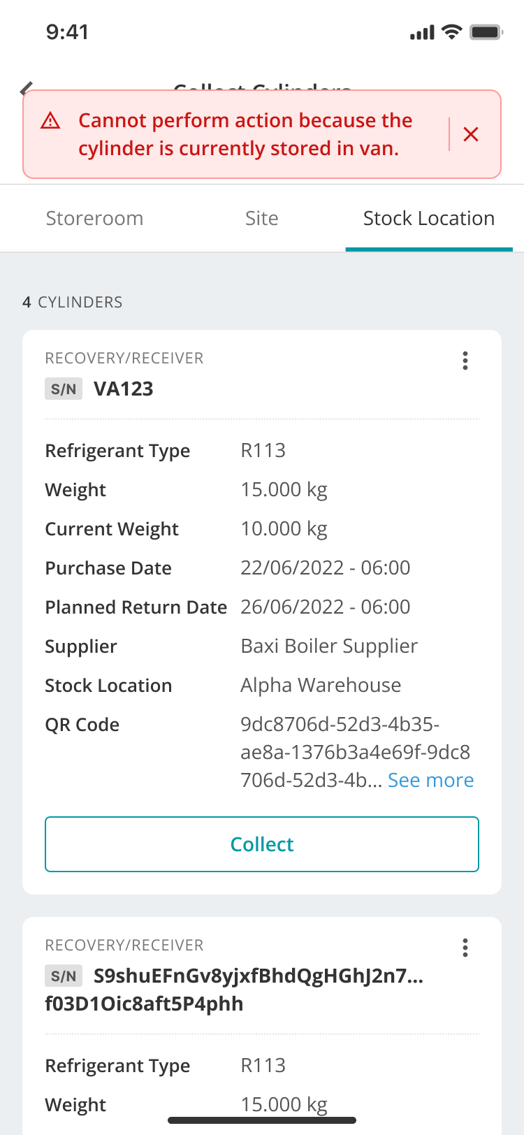 Mobile message explaining that the cylinder cannot be marked ready while it is stored in a van.